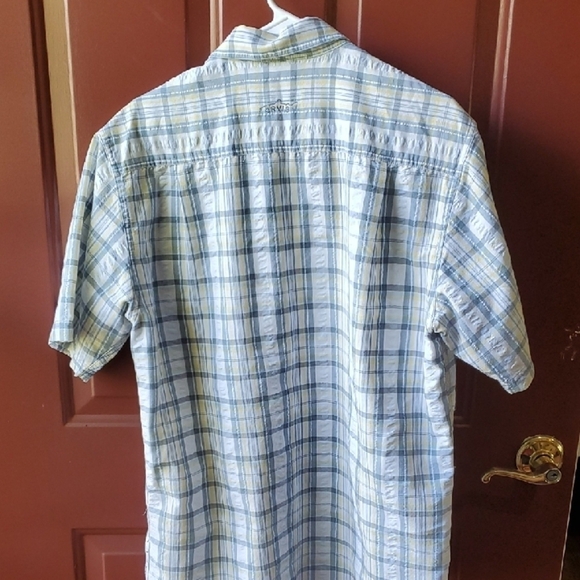 Men's Orvis Linen Blend  Blue Plaid Short Sleeve Shirt P2p 23.25 Length 30 - Picture 8 of 9